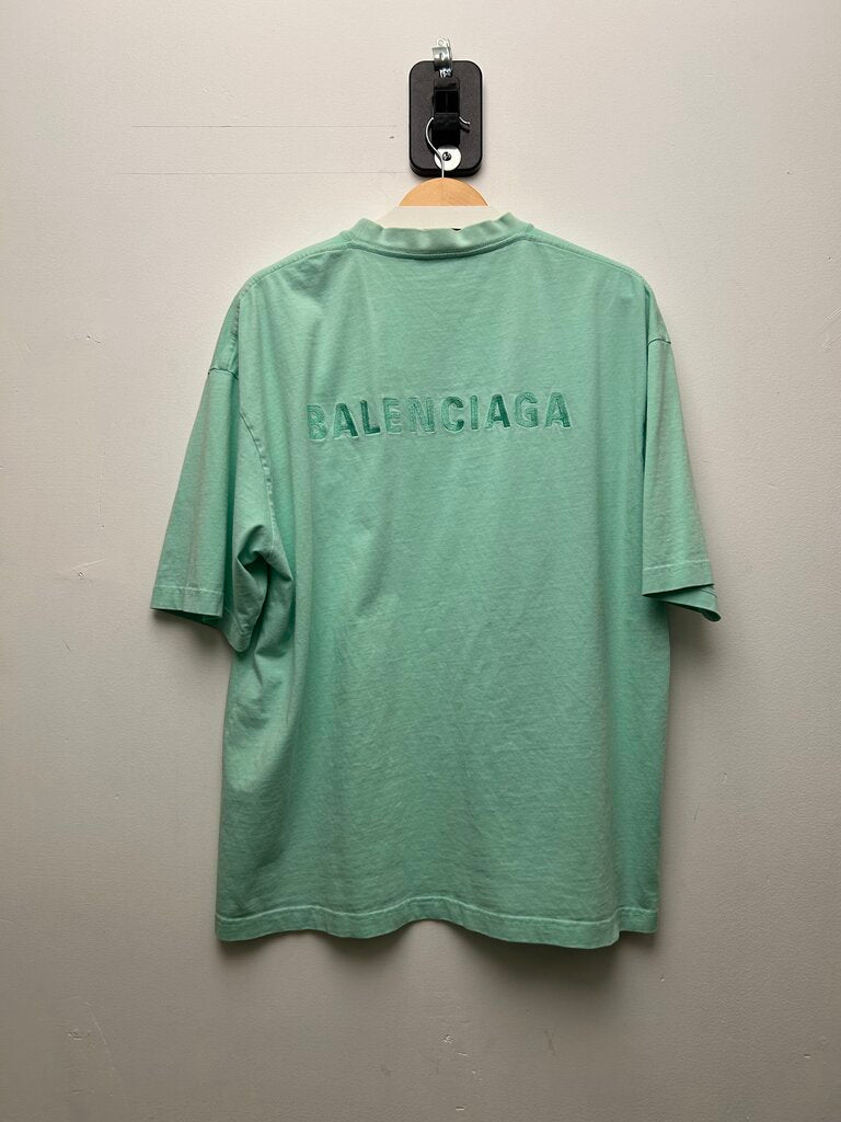 Preowned Balenciaga Teal Green Small Logo Spellout Tee Sz.Large