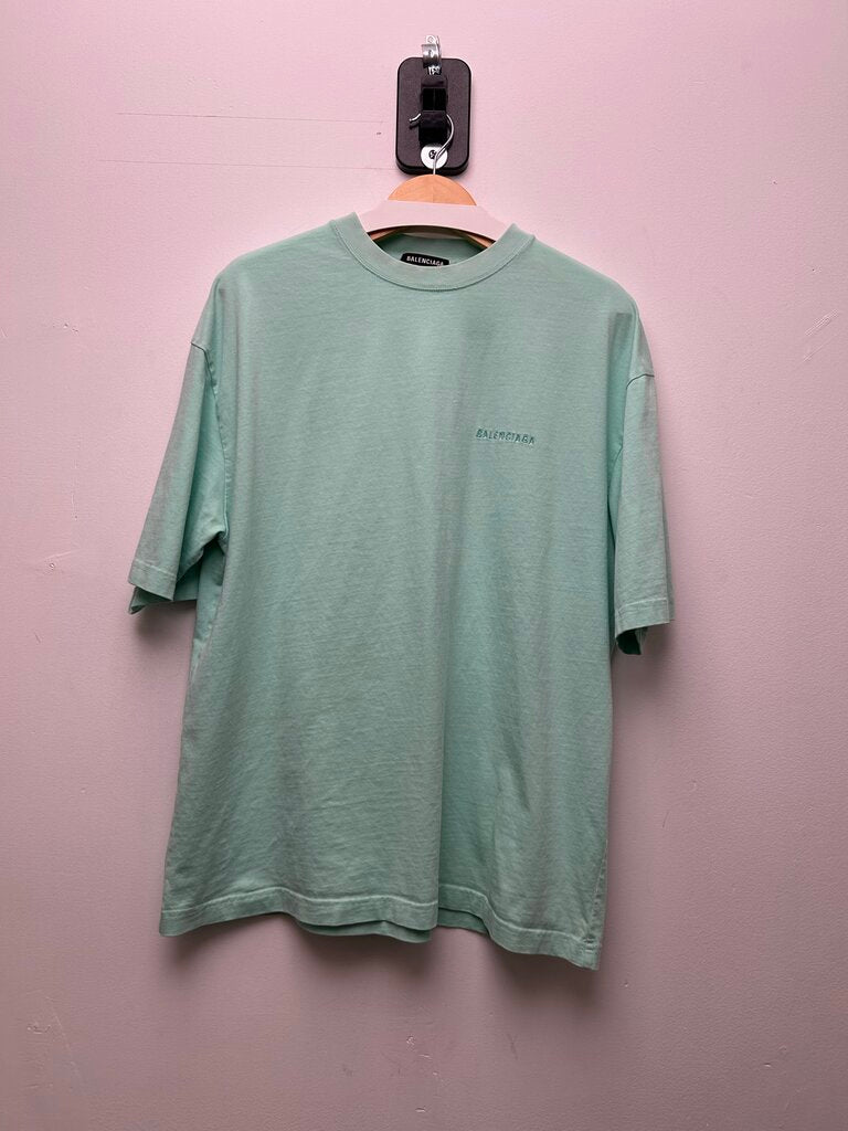 Preowned Balenciaga Teal Green Small Logo Spellout Tee Sz.Large