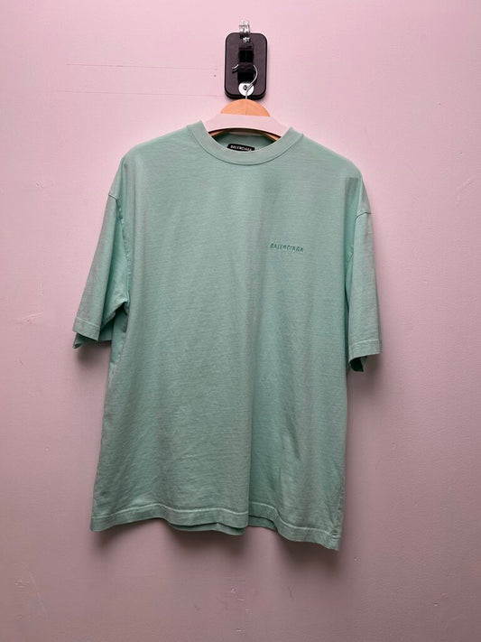 Preowned Balenciaga Teal Green Small Logo Spellout Tee Sz.Large