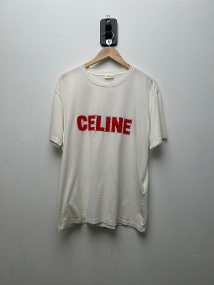 Preowned Celine White Red Rhinestone Tee Size Small