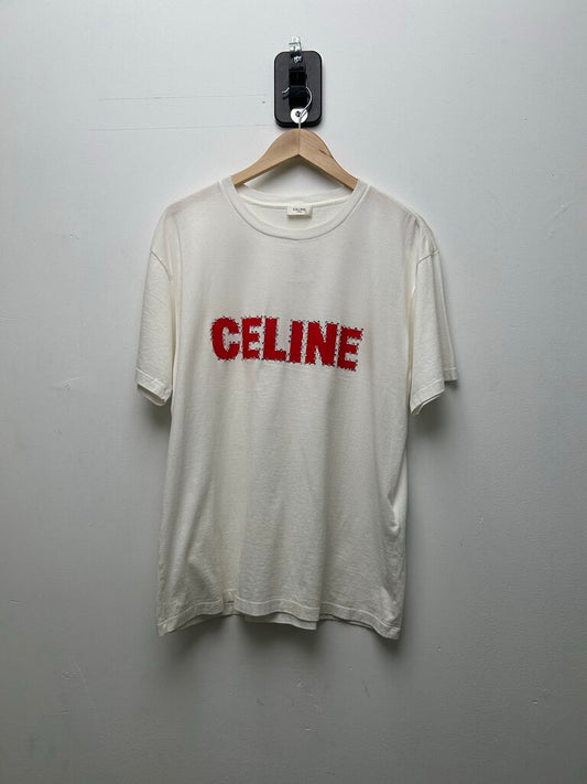 Preowned Celine White Red Rhinestone Tee Size Small