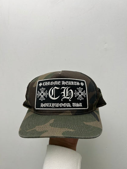 Preowned Chrome Hearts Camo CH Hollywood Trucker (STRAP FLAW)