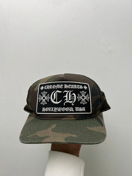 Preowned Chrome Hearts Camo CH Hollywood Trucker (STRAP FLAW)