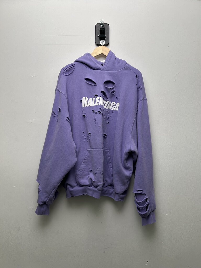 Preowned Balenciaga Purple White Logo distressed Hoodie Sz.XS( OVERSIZED)