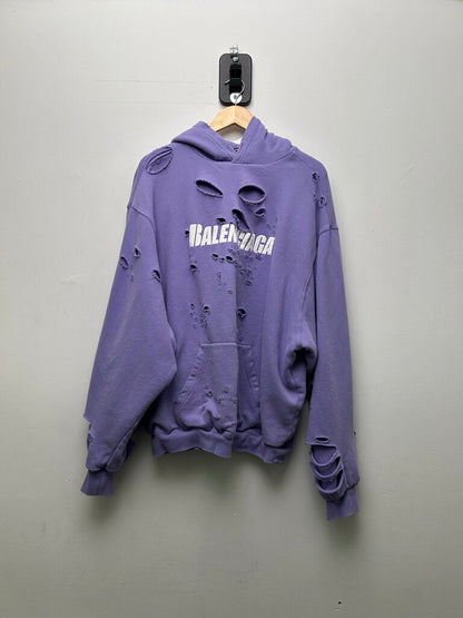 Preowned Balenciaga Purple White Logo distressed Hoodie Sz.XS( OVERSIZED)
