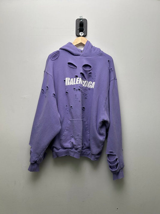 Preowned Balenciaga Purple White Logo distressed Hoodie Sz.XS( OVERSIZED)