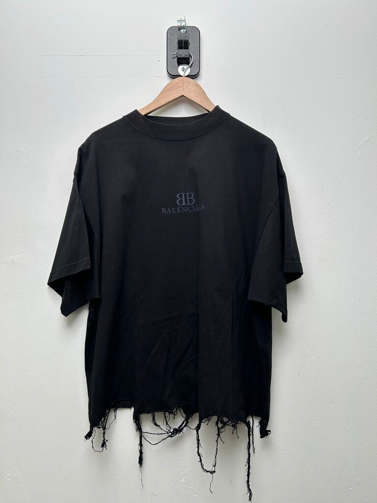Preowned Balenciaga BB Black Distressed Tee Size 3