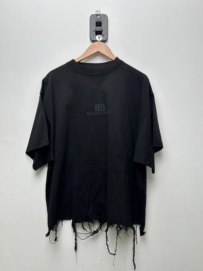 Preowned Balenciaga BB Black Distressed Tee Size 3