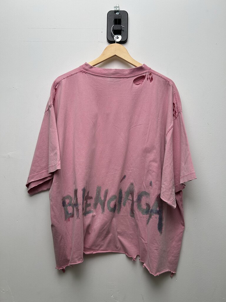 Preowned Balenciaga Pink Rhinestone Distressed Tee Size 4