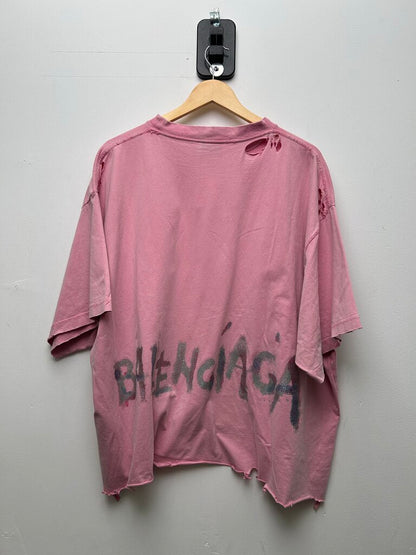 Preowned Balenciaga Pink Rhinestone Distressed Tee Size 4