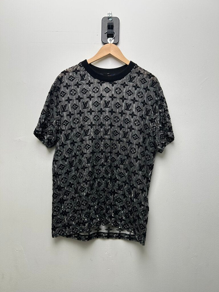 Preowned Louis Vuitton Silk Knit Monogram Black Grey Tee Sz.Large