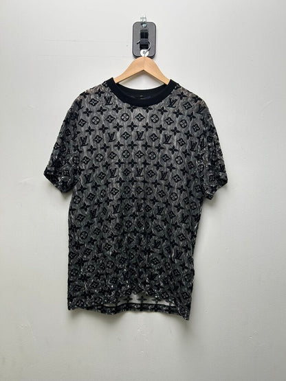 Preowned Louis Vuitton Silk Knit Monogram Black Grey Tee Sz.Large