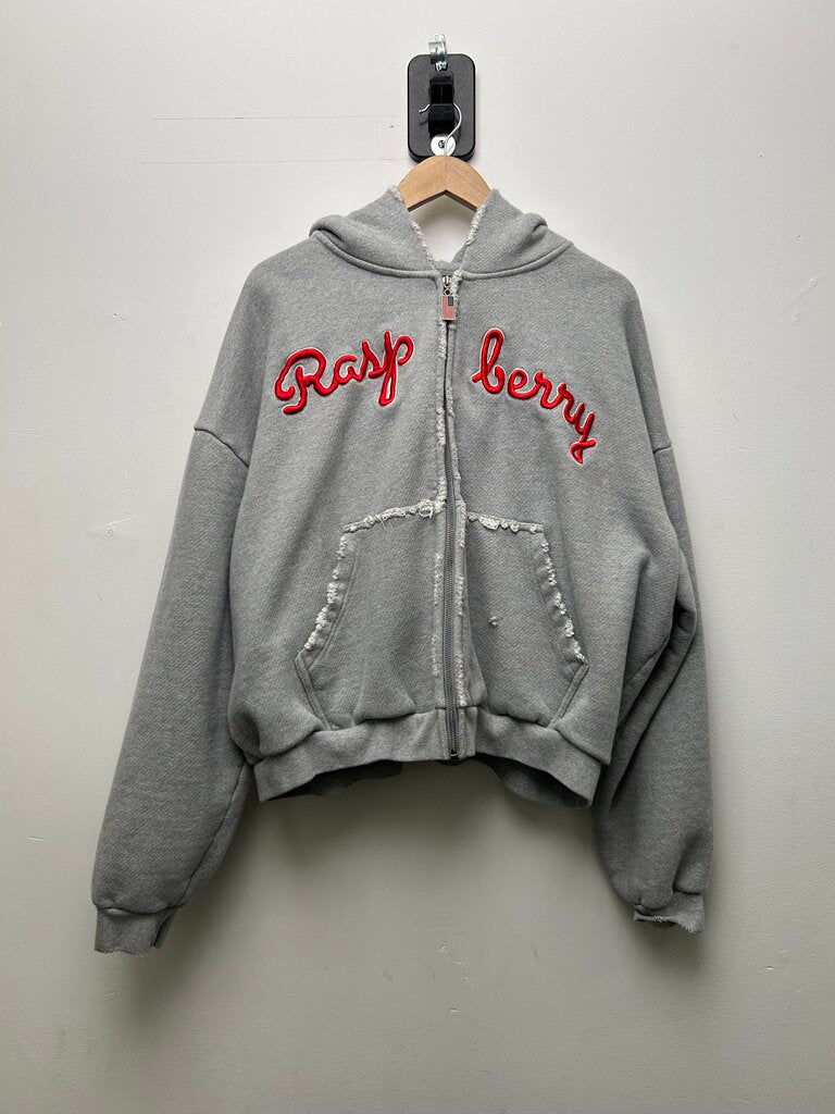 Preowned GV Gallery Red Raspberry Grey Distressed Zip Hoodie sz.M