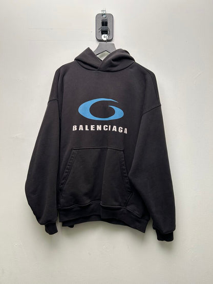 Preowned Balenciaga Black Blue Oval Hoodie Size Medium