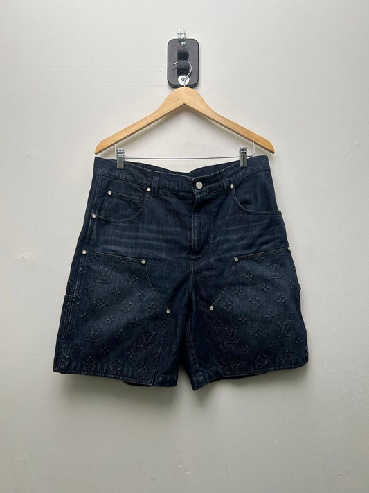 Preowned Louis Vuitton Dark Wash Monogram Double Knee Shorts Size 34
