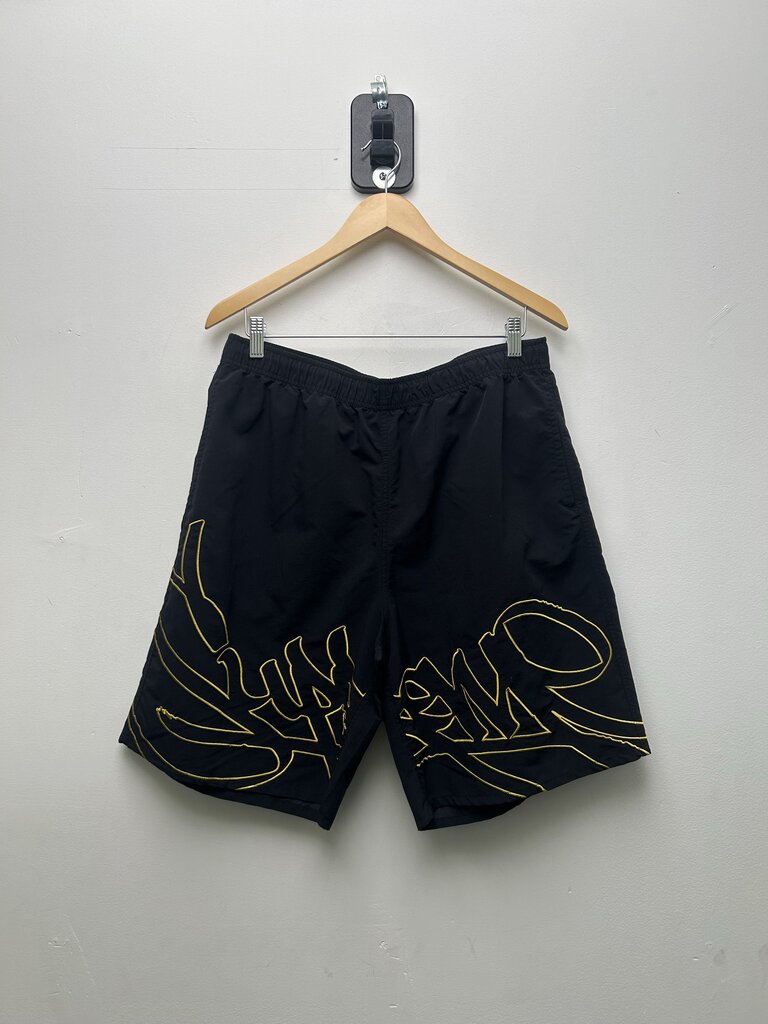 Preowned Supreme Yellow Script Logo Black Nylon Shorts Sz.Large