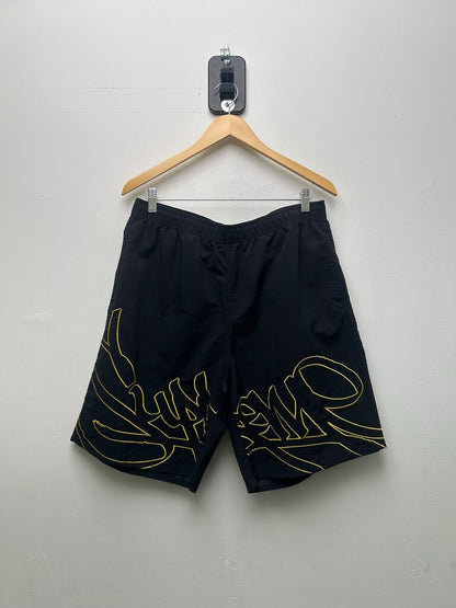 Preowned Supreme Yellow Script Logo Black Nylon Shorts Sz.Large