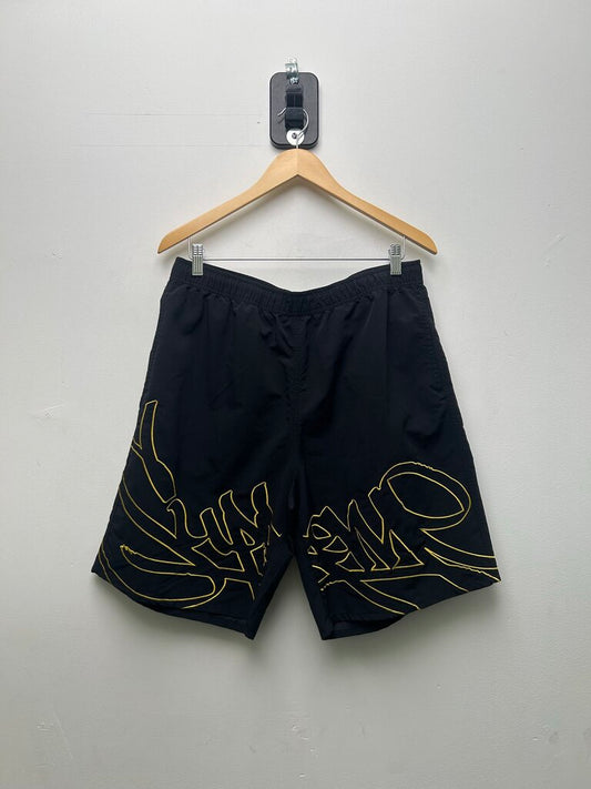 Preowned Supreme Yellow Script Logo Black Nylon Shorts Sz.Large