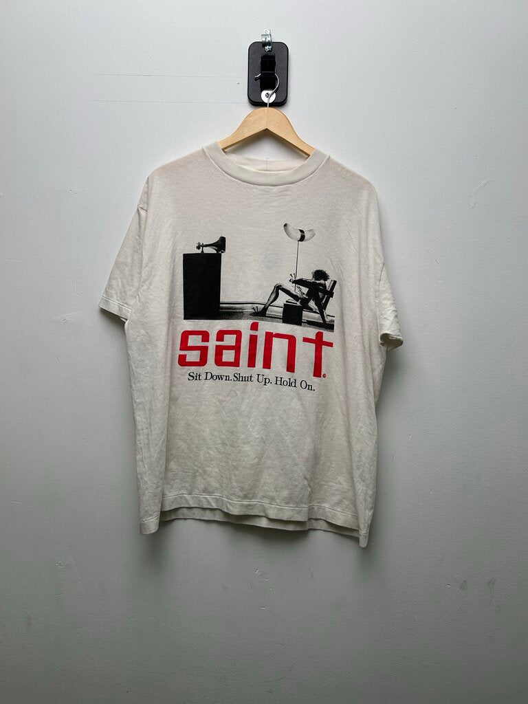 New Saint Micheal White Red Sit Down Tee Sz.Large