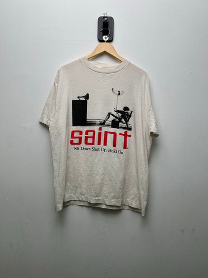 New Saint Micheal White Red Sit Down Tee Sz.Large