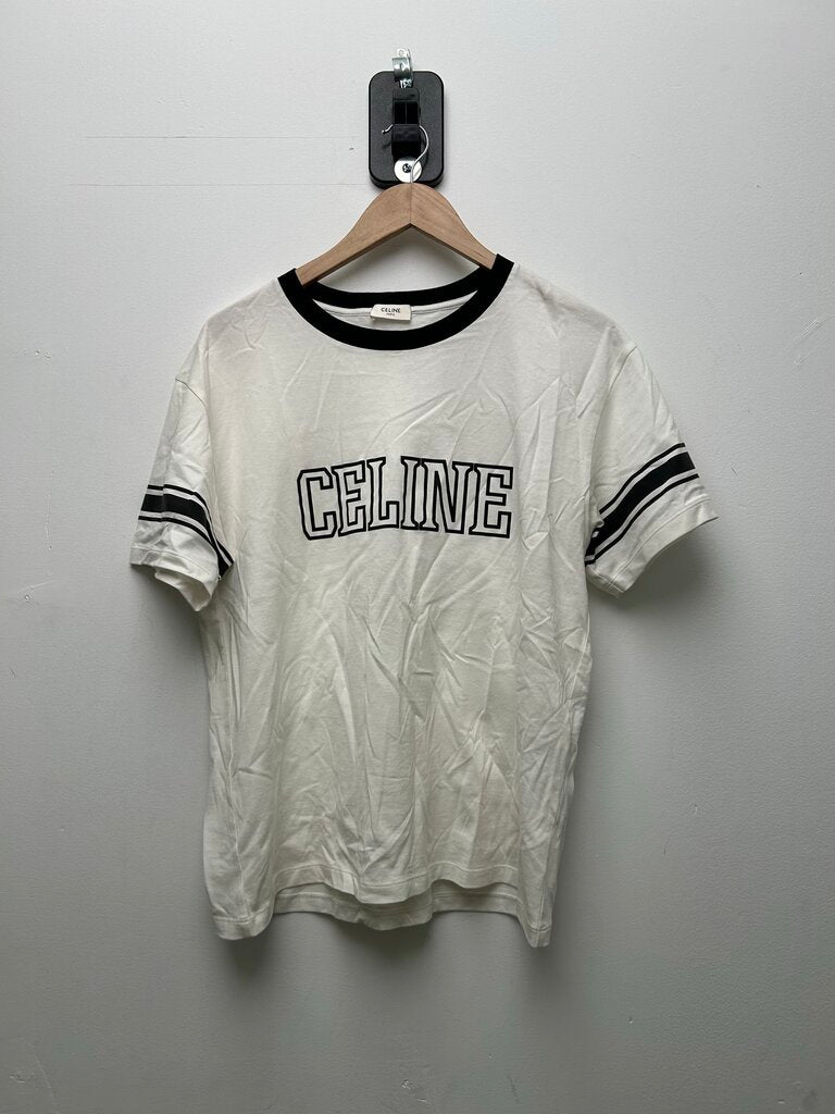 Preowned Celine White Black Logo Ringer Tee Sz.Medium