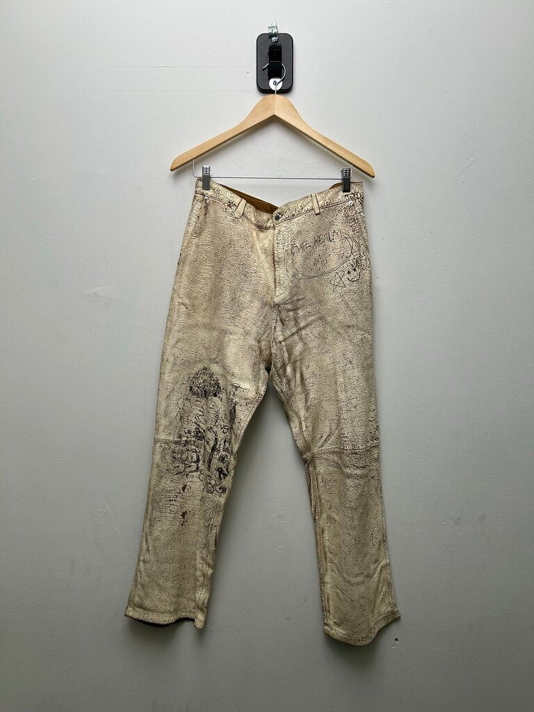 New Paly The Realm Painted Suede Lamb Cracked Leather Pants Size 34