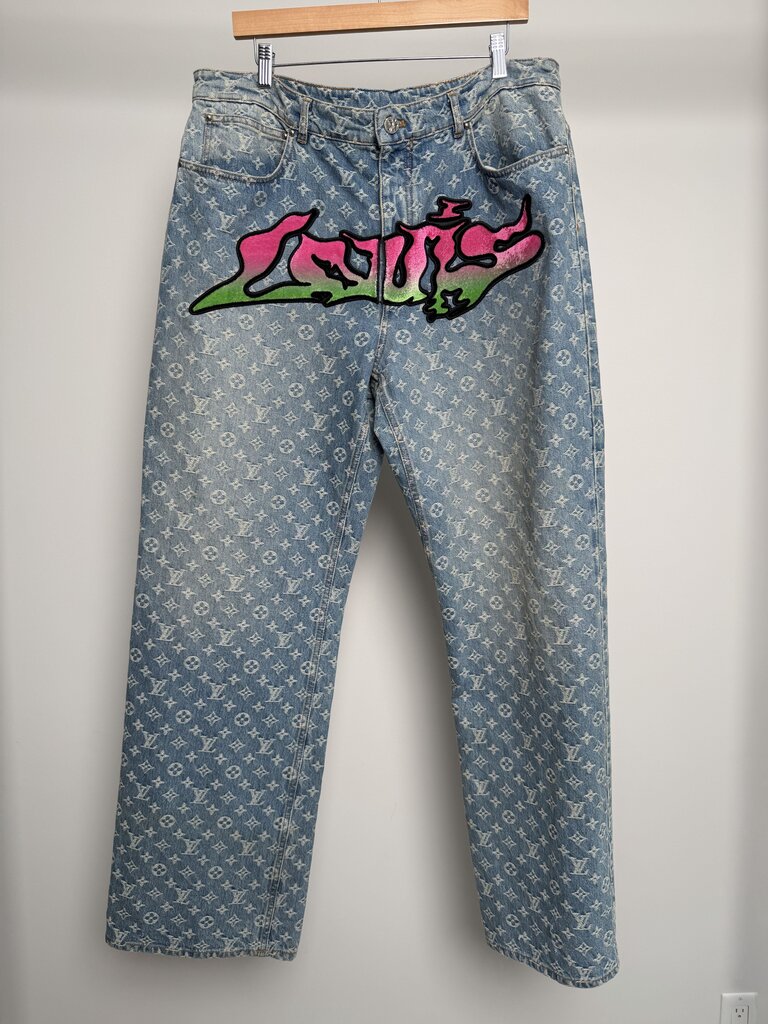 Preowned Louis Vuitton Monogram Lightwash Grafitti Denim size 38