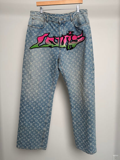 Preowned Louis Vuitton Monogram Lightwash Grafitti Denim size 38