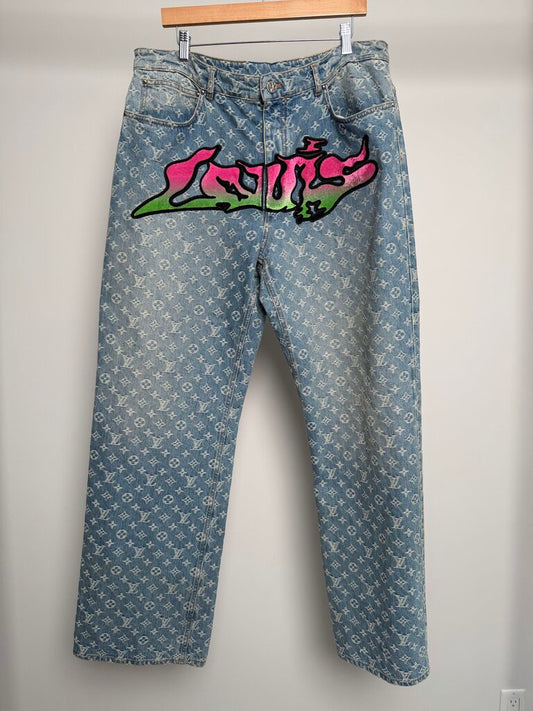 Preowned Louis Vuitton Monogram Lightwash Grafitti Denim size 38