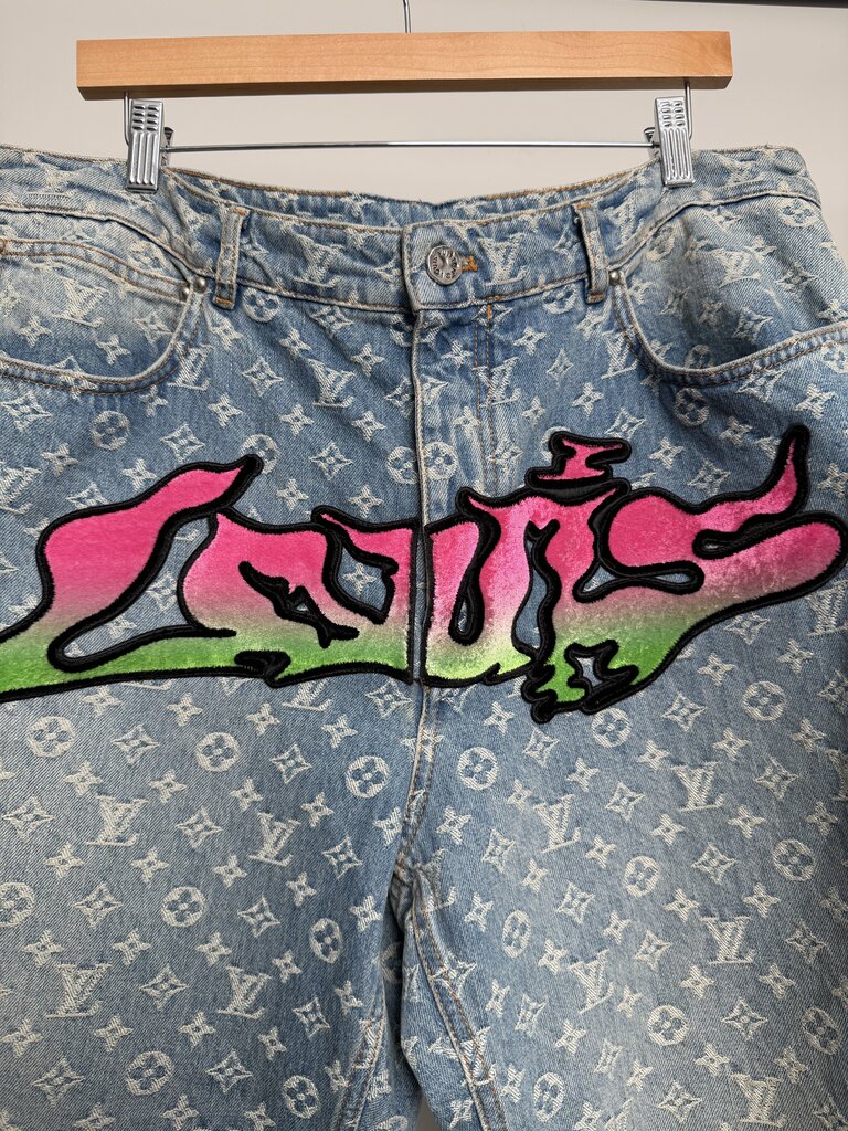 Preowned Louis Vuitton Monogram Lightwash Grafitti Denim size 38