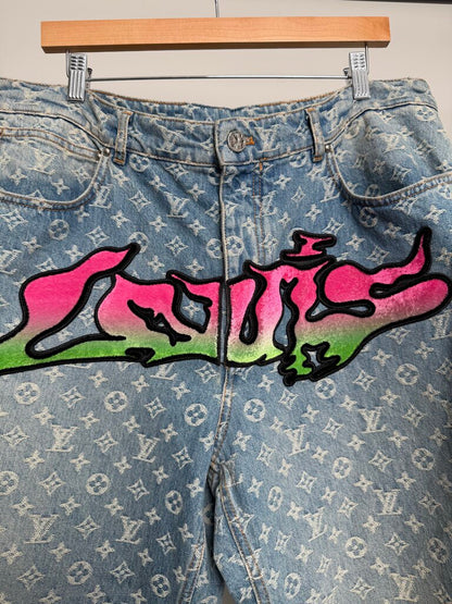 Preowned Louis Vuitton Monogram Lightwash Grafitti Denim size 38