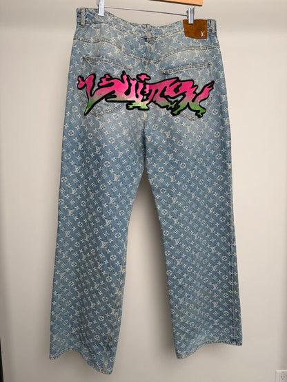 Preowned Louis Vuitton Monogram Lightwash Grafitti Denim size 38