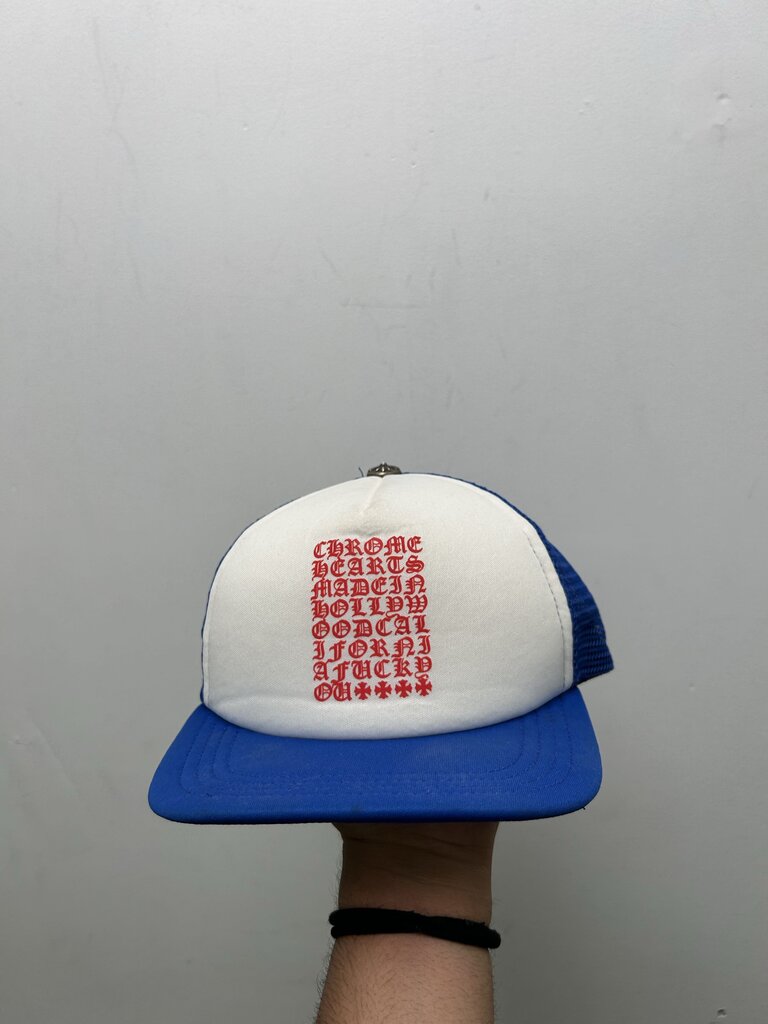 Preowned Chrome Hearts Blue Red White Eyechart Trucker