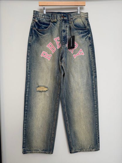 New GV Gallery Pink Arc Logo Mid Wash Denim tie M