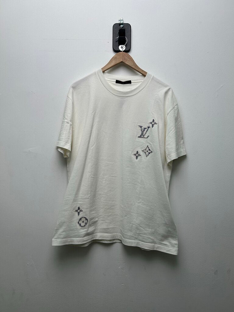 Preowned Louis Vuitton White Navy Monogram Stitch Tee Size XL