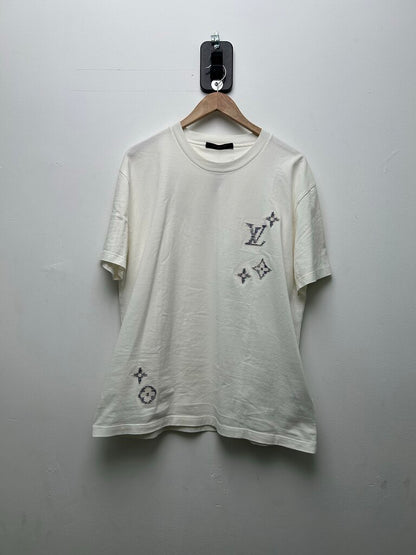 Preowned Louis Vuitton White Navy Monogram Stitch Tee Size XL