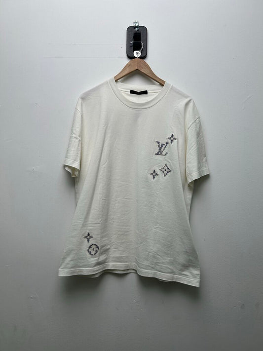 Preowned Louis Vuitton White Navy Monogram Stitch Tee Size XL