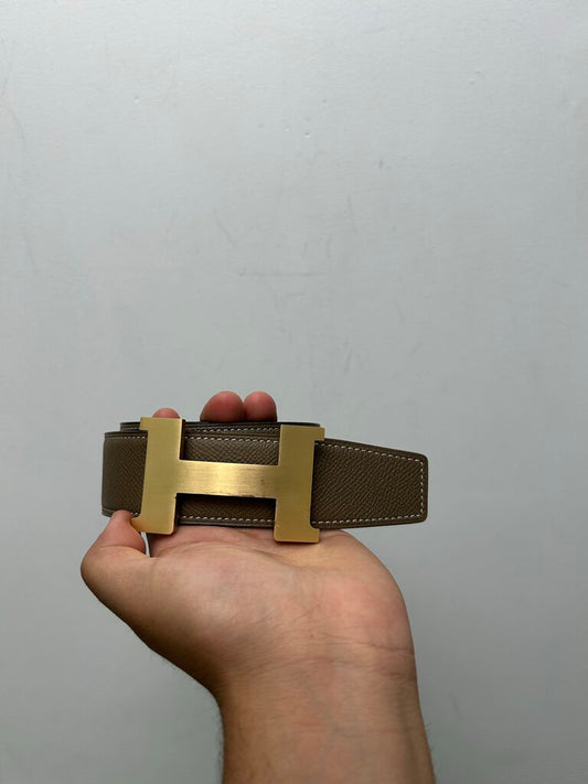 Preowned Hermes Gold H Olive & Brown Belt sz.85