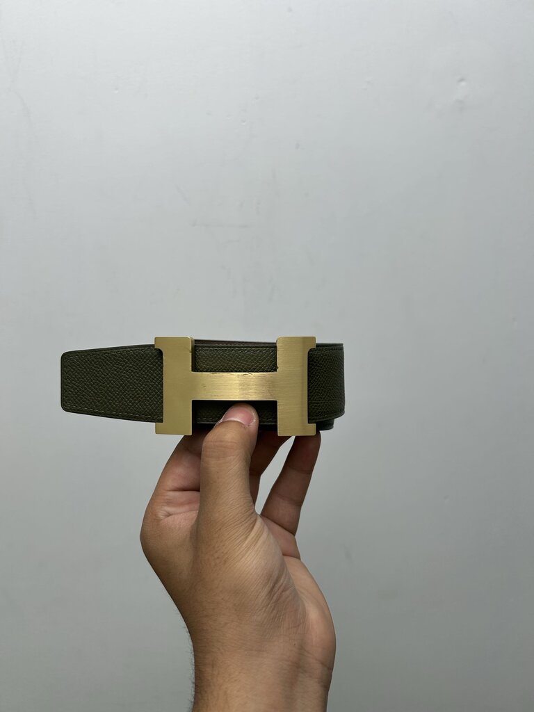 Preowned Hermes Gold H Olive & Brown Belt sz.85
