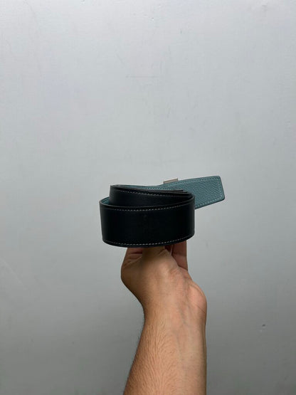 Preowned Hermes Reversible Silver H Teal Black Belt sz.95 38