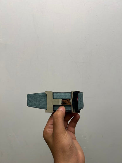 Preowned Hermes Reversible Silver H Teal Black Belt sz.95 38
