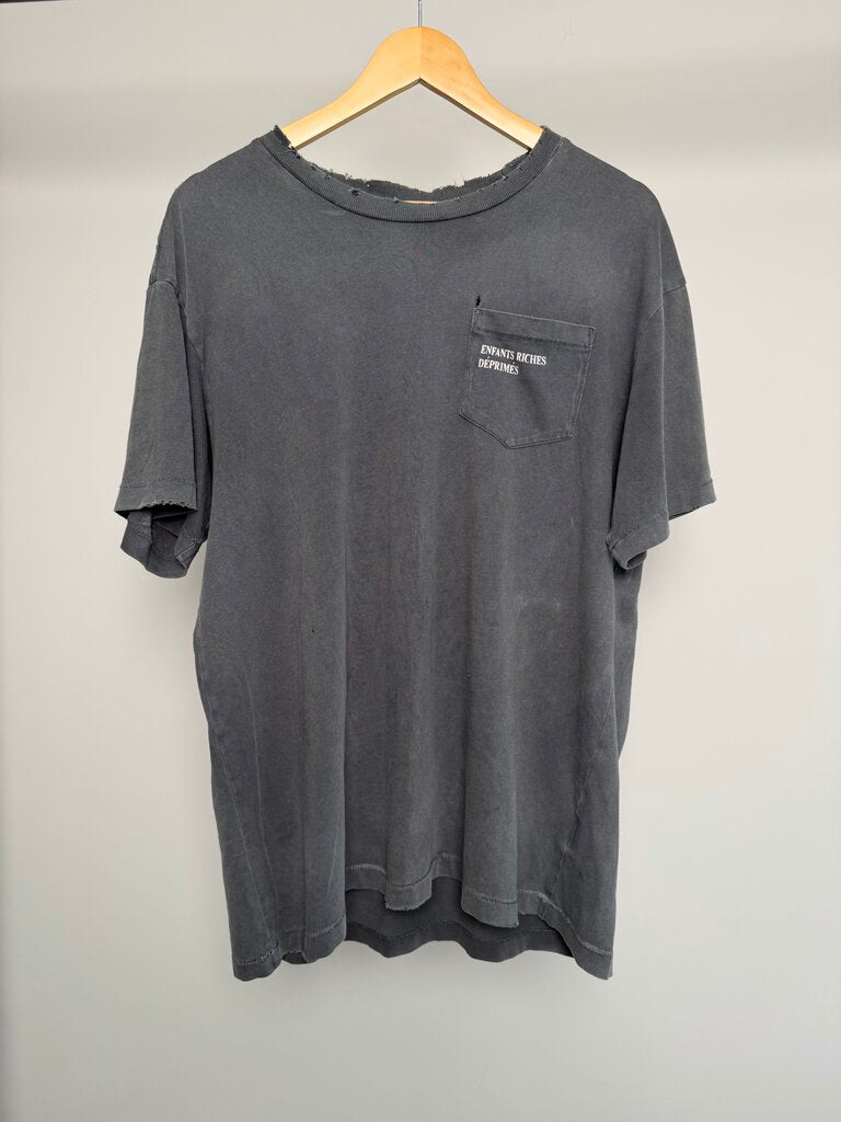 Preowned ERD Spellout Black Distressed Pocket Tee size L