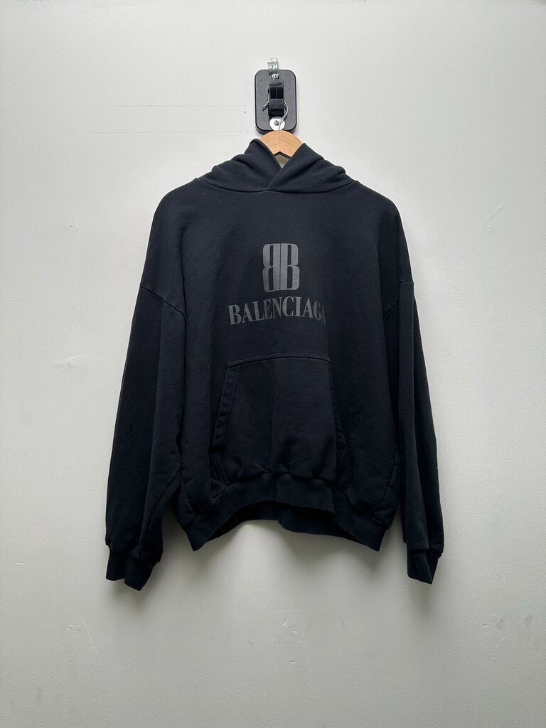 Preowned Balenciaga BB Black Grey Logo Hoodie Sz.Medium