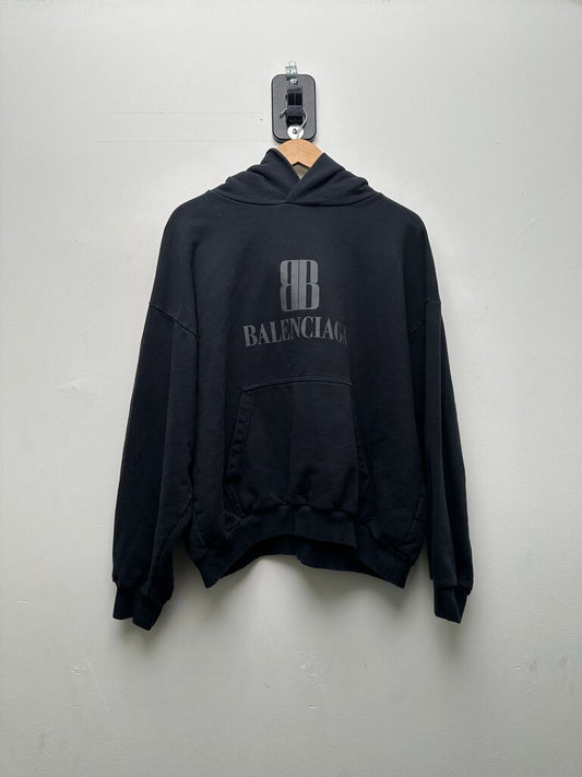 Preowned Balenciaga BB Black Grey Logo Hoodie Sz.Medium