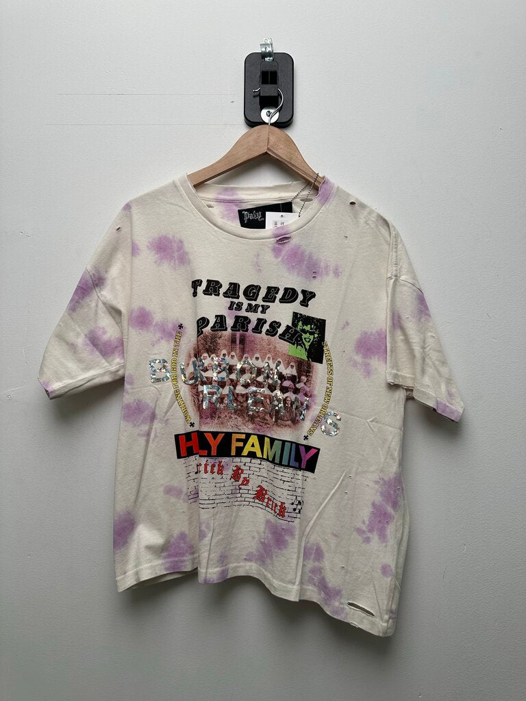 New Paly Holy Family Purple Tie Dye Cream Tee sz.S