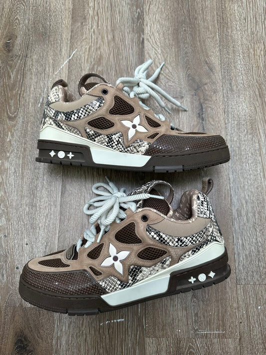 Preowned Louis Vuitton Brown Cream Snake Skate Sz.10LV/12M