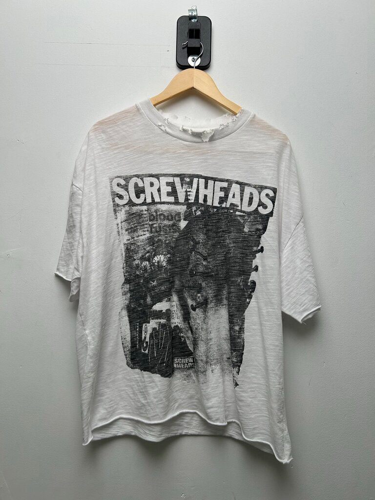 Preowned Greedy Unit Screwhead White Distressed Tee sz.XL