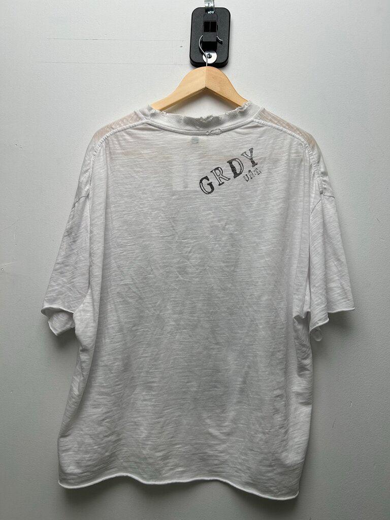 Preowned Greedy Unit Screwhead White Distressed Tee sz.XL