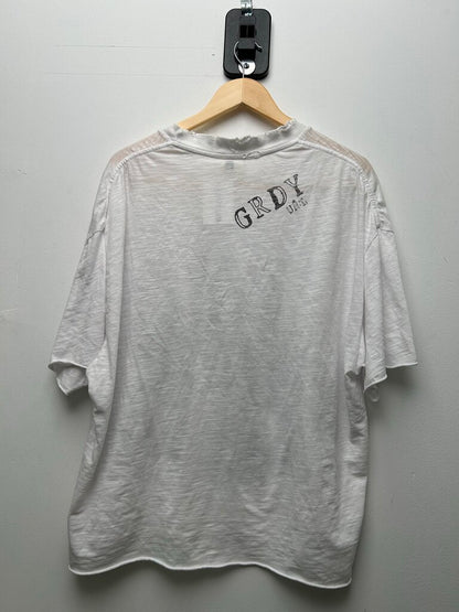 Preowned Greedy Unit Screwhead White Distressed Tee sz.XL