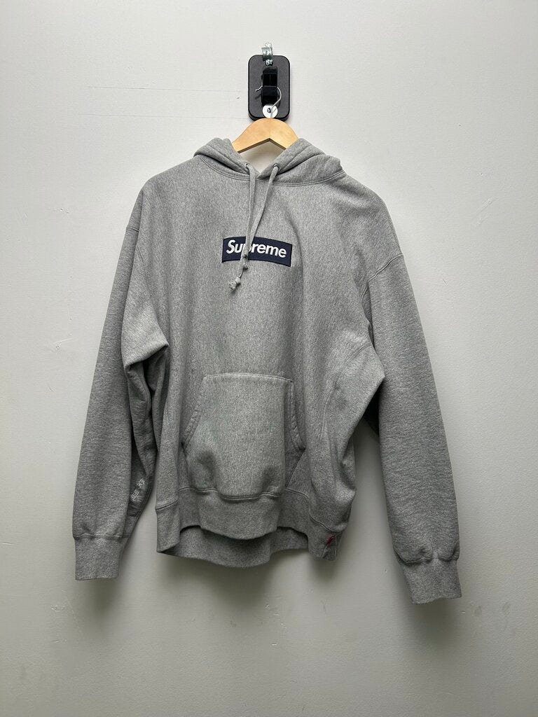 Preowned Supreme Heather Grey Navy Bogo Hoodie sz.L